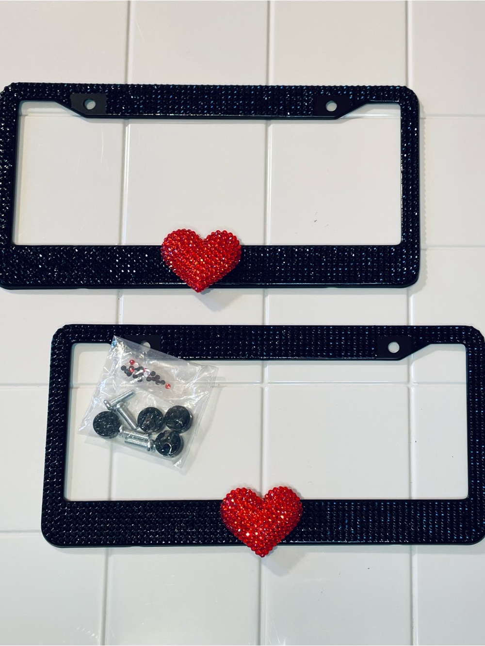 Black and Rhinestone License Plate Frames with Red Heart Accent - Set of 2